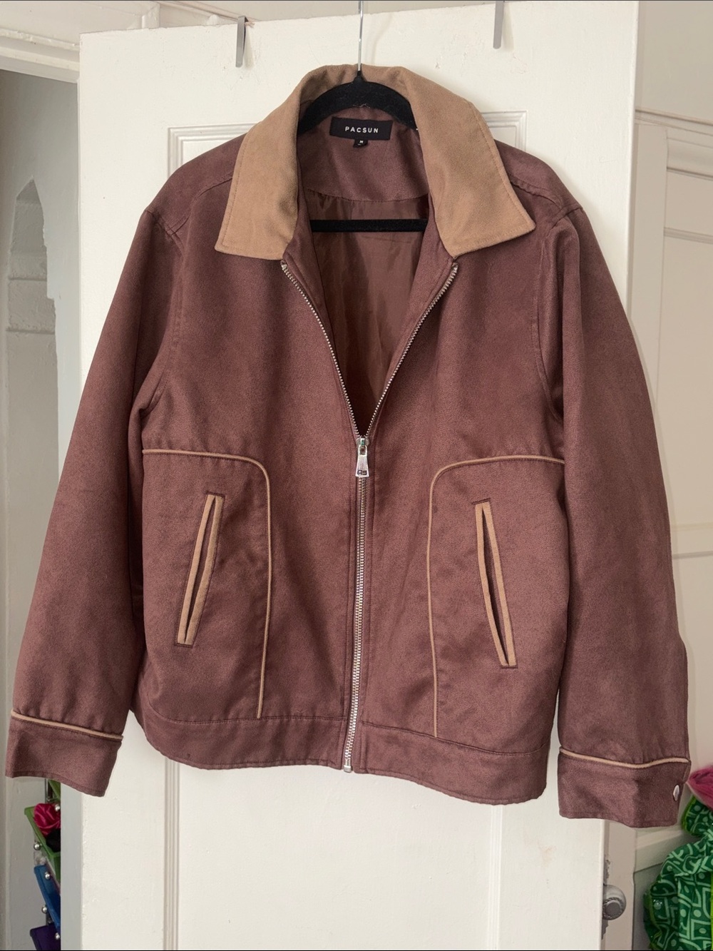 PacSun Brown Suede-Style Bomber Jacket with Tan Collar Size M